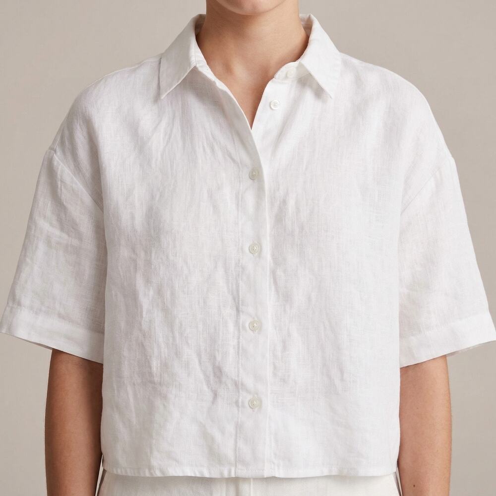 H&M Women's White 100% Linen Cropped Shirt Coastal Grandma Short Sleeve XS